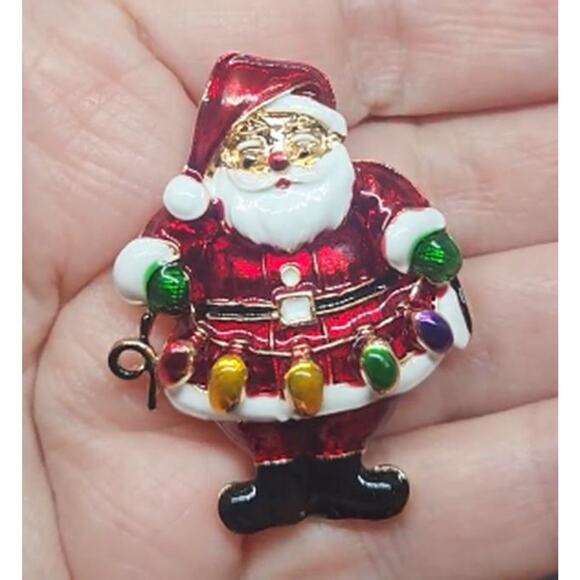 Jewelry - Santa Holding Christmas Lights Brooch Enamel Finish Bright & Cheerful